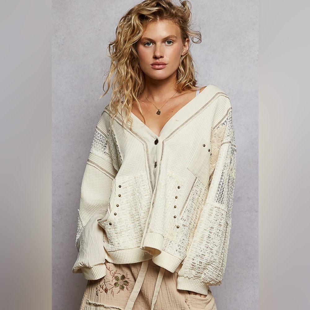 ⚡️ POL “ Cottage Charm “ Patchwork Cadigan Thermal Hoodie Cardigan | Cream - Picture 7 of 9